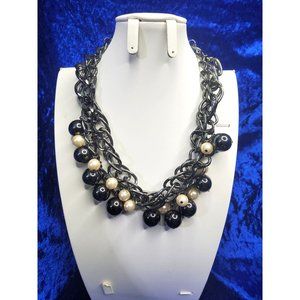 vintage gunmetal 2 strand hematite? faceted black white beads necklace